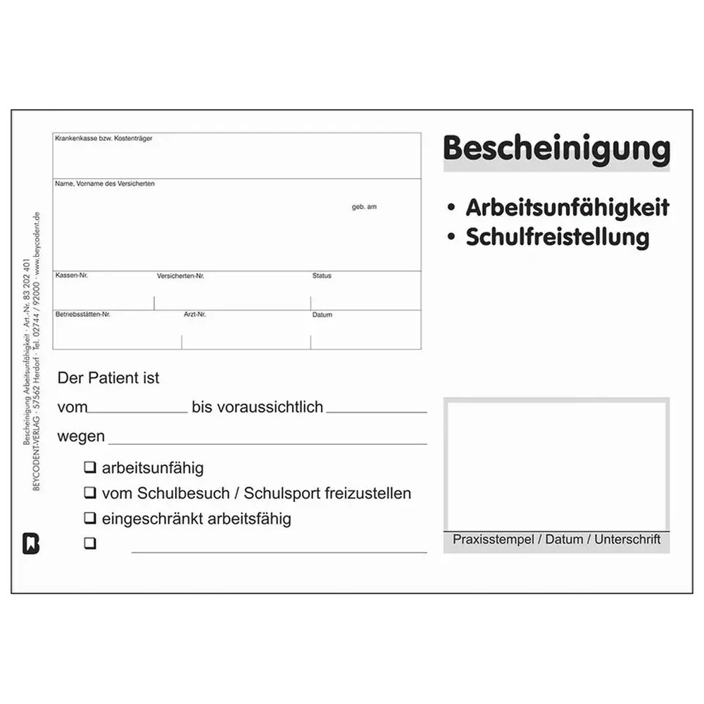 Bescheinigung Schul-,Sport- und Arbeitsunfähigkeit, privat
